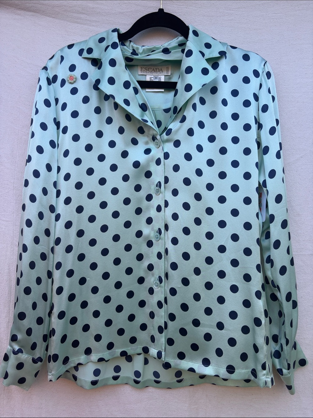 Escada Mint Green and Navy Polka Dot Silk Button-Down Blouse
